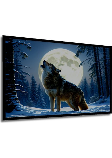 Çerçeve Görünümlü Dolunayda Uluyan Kurt Yağlı Boya Görünümlü Dekoratif Ahşap Işyeri/ofis Kare Tablo modelleri