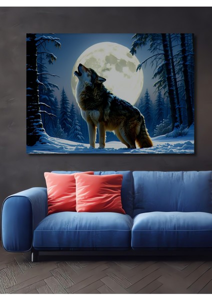 Dolunayda Uluyan Kurt Yağlı Boya Görünümlü Dekoratif Ahşap Ev/işyeri/ofis Kare Tablo