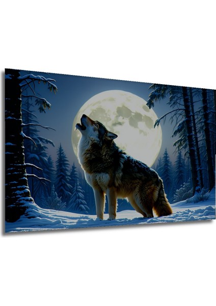 Dolunayda Uluyan Kurt Yağlı Boya Görünümlü Dekoratif Ahşap Ev/işyeri/ofis Kare Tablo modelleri