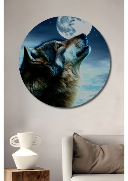 Dolunayda Uluyan Kurt Yağlı Boya Görünümlü Dekoratif Ahşap Ev/işyeri/ofis Yuvarlak Tablo