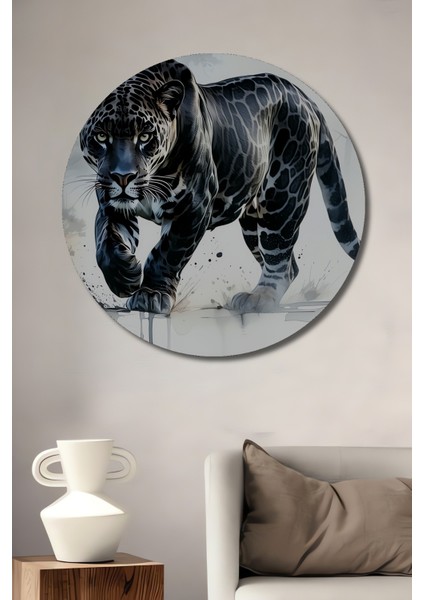 Siyah Panter Sulu Boya Görünümlü Dekoratif Ahşap Dekoratif Ev/işyeri/ofis Yuvarlak Tablo