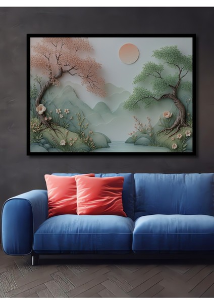 Çerçeve Görünümlü Pastel Tonlarda Huzurlu Doğa Manzarası Dekoratif Ahşap Ev/işyeri/ofis Kare Tablo