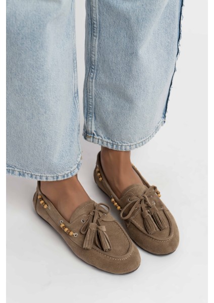 Fisher Rome Bej Hakiki Süet Düz Taban Boncuk Detay Kadın Babet Ayakkabı fiyatları