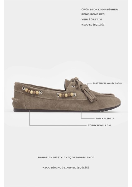 Fisher Rome Bej Hakiki Süet Düz Taban Boncuk Detay Kadın Babet Ayakkabı modelleri