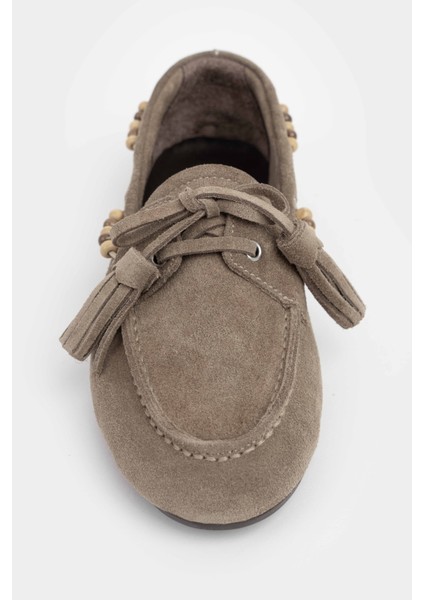 Fisher Rome Bej Hakiki Süet Düz Taban Boncuk Detay Kadın Babet Ayakkabı fırsatları