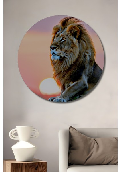 Güneşin Oğlu Aslan Yağlı Boya Görünümlü Dekoratif Ahşap Ev/işyeri/ofis Yuvarlak Tablo
