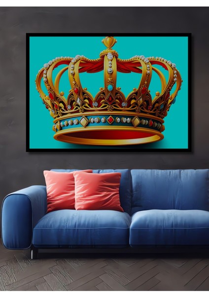 Çerçeve Görünümlü Göz Kamaştıran Altın Taç Yağlı Boya Görünümlü Dekoratif Ahşap Ofis Kare Tablo