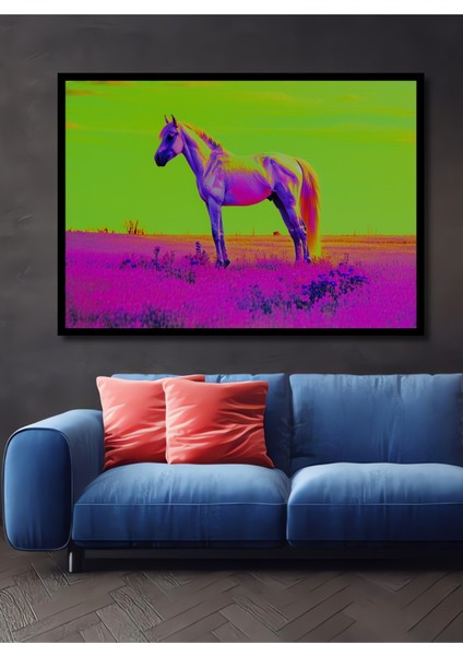 Çerçeve Görünümlü Neon Renkli At Rüyası Yağlı Boya Görünümlü Dekoratif Ahşap Işyeri/ofis Kare Tablo