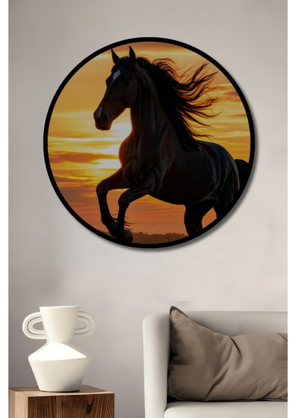 Çerçeve Görünümlü Gün Batımı Asaleti Yağlı Boya Görünümlü At Ofis Dekoratif Ahşap Yuvarlak Tablo