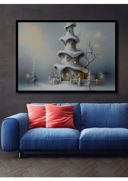 Çerçeve Görünümlü Kış Harikalar Diyarı Yağlı Boya Görünümlü Dekoratif Ahşap Işyeri/ofis Kare Tablo