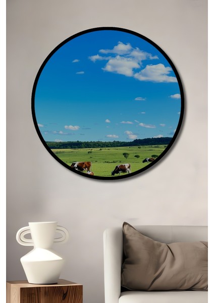 Çerçeve Görünümlü Bahar Esintili Inekler Diyarı Yağlı Boya Görünümlü Ahşap Ofis Yuvarlak Tablo