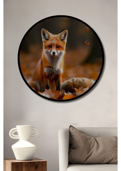 Çerçeve Görünümlü Sonbahar Ormanında Yağlı Boya Görünümlü Tilki Portresi Salon Ahşap Tablo