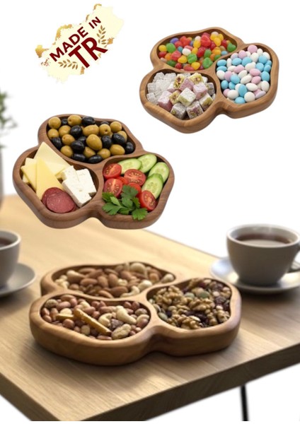 Doğal Masif Ahşap Sunumluk Tabak – 3 Bölmeli Çerezlik, Kahvaltılık ve Ikramlık (215X183 Mm)