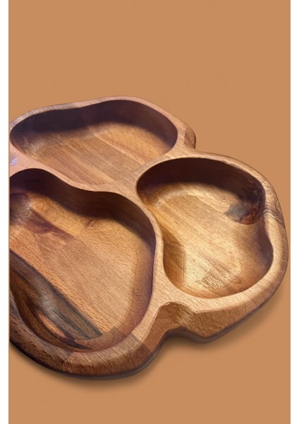 Doğal Masif Ahşap Sunumluk Tabak – 3 Bölmeli Çerezlik, Kahvaltılık ve Ikramlık (215X183 Mm) modelleri