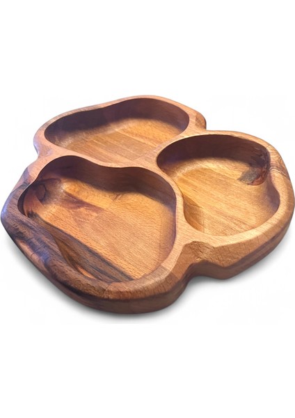 Doğal Masif Ahşap Sunumluk Tabak – 3 Bölmeli Çerezlik, Kahvaltılık ve Ikramlık (215X183 Mm)
