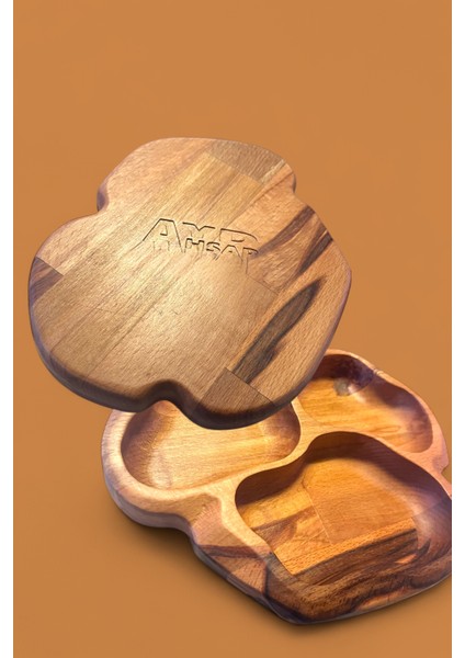 Doğal Masif Ahşap Sunumluk Tabak – 3 Bölmeli Çerezlik, Kahvaltılık ve Ikramlık (215X183 Mm)