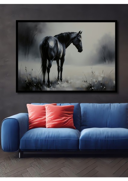 Çerçeve Görünümlü Asil Atın Hüzünlü Bakışı Yağlı Boya Görünümlü Ofis Dekoratif Ahşap Kare Tablo