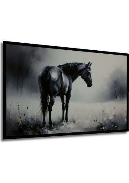 Çerçeve Görünümlü Asil Atın Hüzünlü Bakışı Yağlı Boya Görünümlü Ofis Dekoratif Ahşap Kare Tablo modelleri