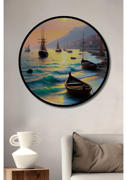 Çerçeve Görünümlü Altın Işıklar Altında Deniz Manzarası Yağlı Boya Görünümlü Ahşap Ofis Tablo