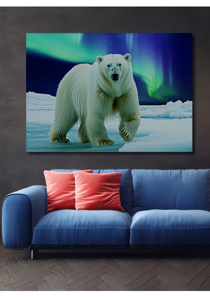 Kutup Ayısı ve Kuzey Işıkları Yağlı Boya Görünümlü Ev/işyeri/ofis Dekoratif Ahşap Kare Tablo