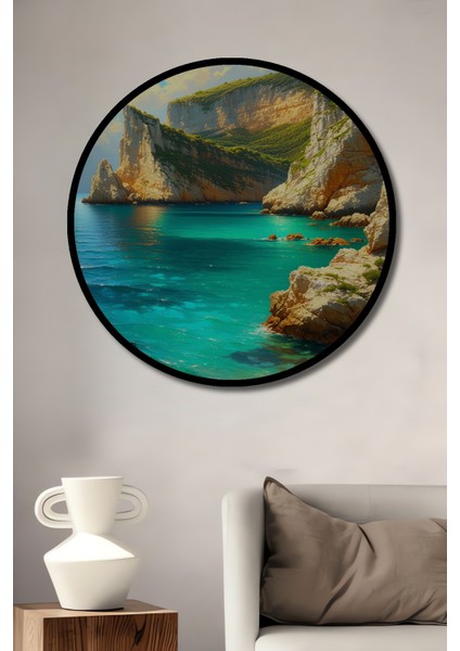 Çerçeve Görünümlü Turkuaz Denizli Yağlı Boya Görünümlü Dekoratif Ahşap Işyeri/ofis Yuvarlak Tablo