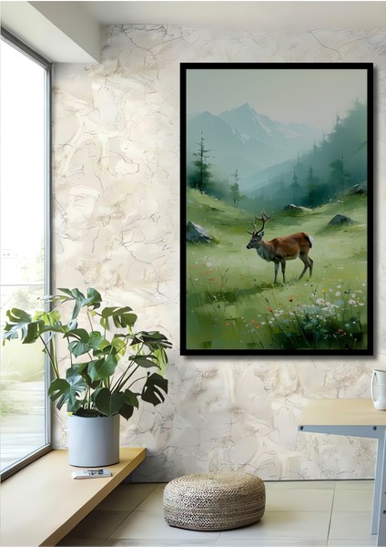 Çerçeve Görünümlü Dağların Heybetli Geyiği Yağlı Boya Görünümlü Ahşap Ofis Kare Tablo