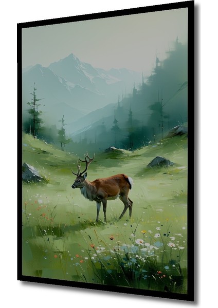 Çerçeve Görünümlü Dağların Heybetli Geyiği Yağlı Boya Görünümlü Ahşap Ofis Kare Tablo fiyatları