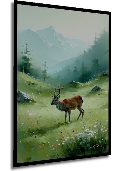 Çerçeve Görünümlü Dağların Heybetli Geyiği Yağlı Boya Görünümlü Ahşap Ofis Kare Tablo modelleri