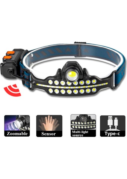 W690 7 Aydınlatma Modlu Xpe Cob LED Sensörlü Dahili Pilli USB Şarj Edilebilir Kafa Feneri modelleri