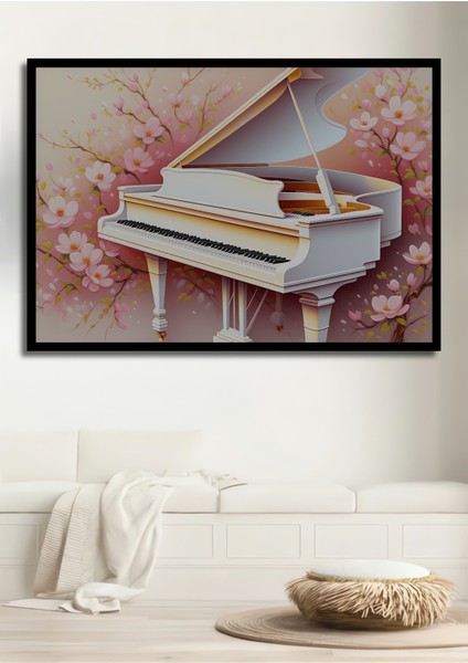 Çerçeve Görünümlü Romantik Piyano Sakura Çiçekleri Yağlı Boya Görünümlü Ahşap Ofis Kare Tablo