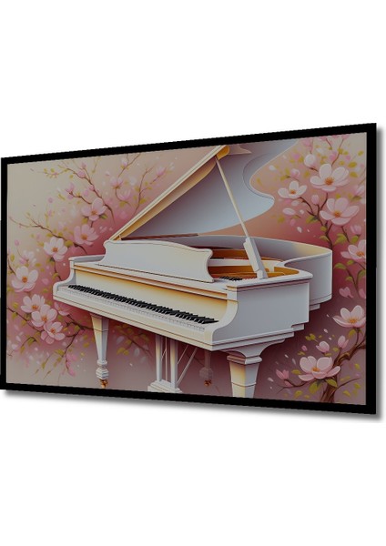 Çerçeve Görünümlü Romantik Piyano Sakura Çiçekleri Yağlı Boya Görünümlü Ahşap Ofis Kare Tablo fiyatları
