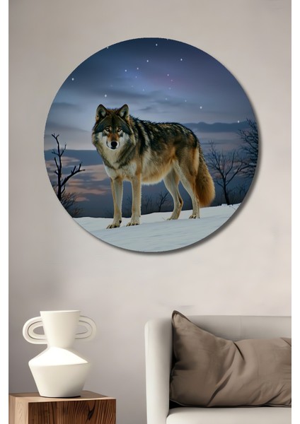 Kar Manzarası Kurt Yağlı Boya Görünümlü Dekoratif Ahşap Ev/işyeri/ofis Yuvarlak Tablo