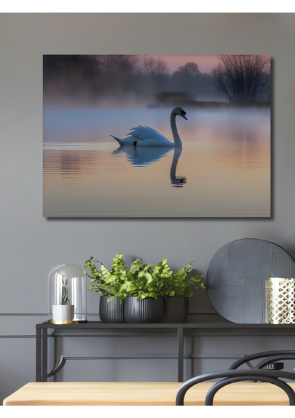 Pastel Tonlarda Kuğu Gölü Yağlı Boya Görünümlü Dekoratif Ahşap Ev/işyeri/ofis Kare Tablo