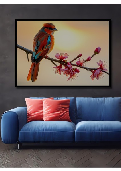 Çerçeve Görünümlü Sakura Dalında Renkli Kuş Yağlı Boya Görünümlü Dekoratif Ahşap Ofis Kare Tablo