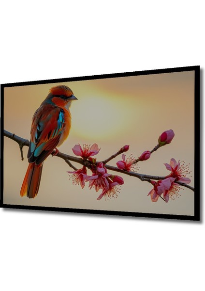 Çerçeve Görünümlü Sakura Dalında Renkli Kuş Yağlı Boya Görünümlü Dekoratif Ahşap Ofis Kare Tablo fiyatları