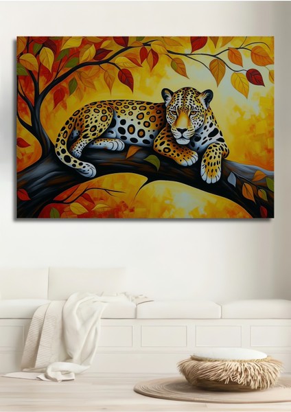 Ağaç Dalında Yatan Jaguar Yağlı Boya Görünümlü Ev/işyeri/ofis Dekoratif Ahşap Kare Tablo
