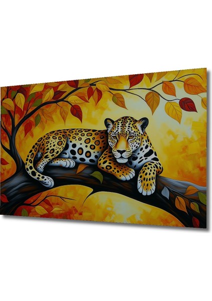 Ağaç Dalında Yatan Jaguar Yağlı Boya Görünümlü Ev/işyeri/ofis Dekoratif Ahşap Kare Tablo fiyatları