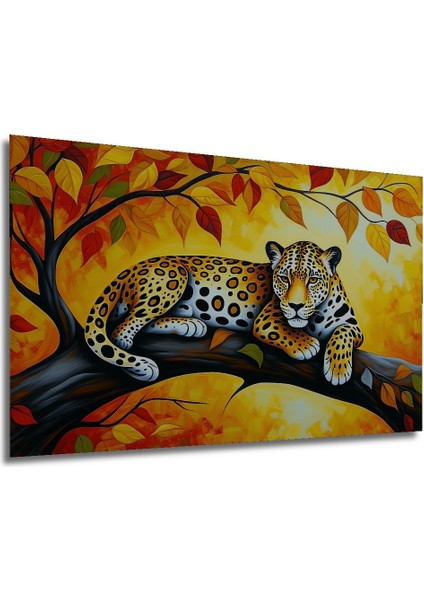 Ağaç Dalında Yatan Jaguar Yağlı Boya Görünümlü Ev/işyeri/ofis Dekoratif Ahşap Kare Tablo modelleri