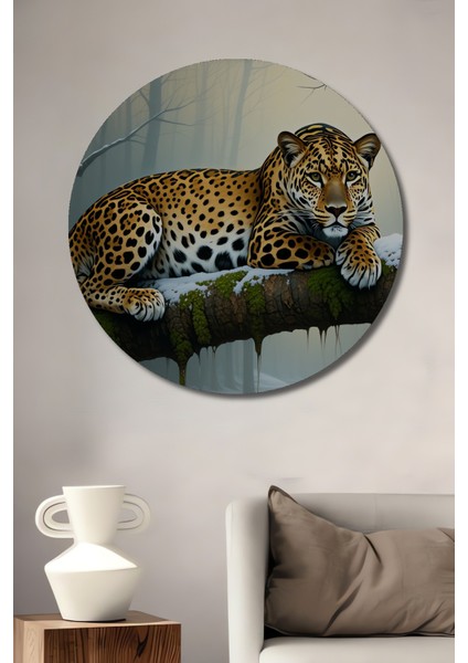 Ormanda Yatan Jaguar Yağlı Boya Görünümlü Dekoratif Ahşap Ev/işyeri/ofis Yuvarlak Tablo