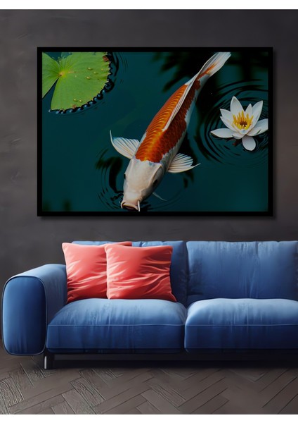 Çerçeve Görünümlü Koi Balığı ve Nilüfer Çiçeği Yağlı Boya Görünümlü Ofis Dekoratif Ahşap Kare Tablo