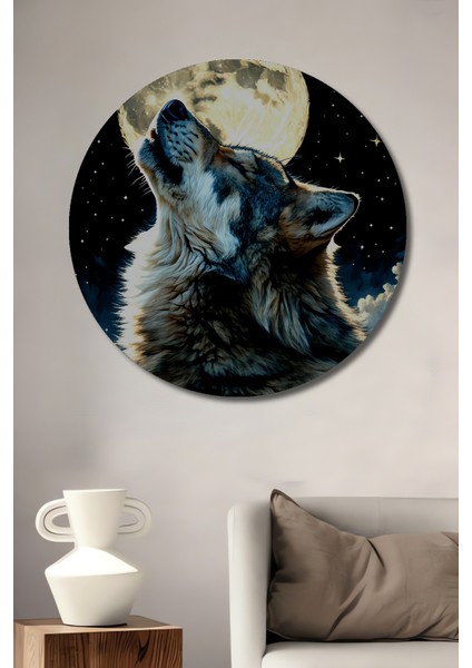 Dolunayda Uluyan Kurt Yağlı Boya Görünümlü Dekoratif Ahşap Ev/işyeri/ofis Yuvarlak Tablo
