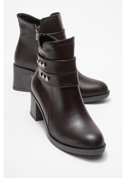 Kadın Çift Kemerli Taşlı Topuklu Bot Kahve Cilt