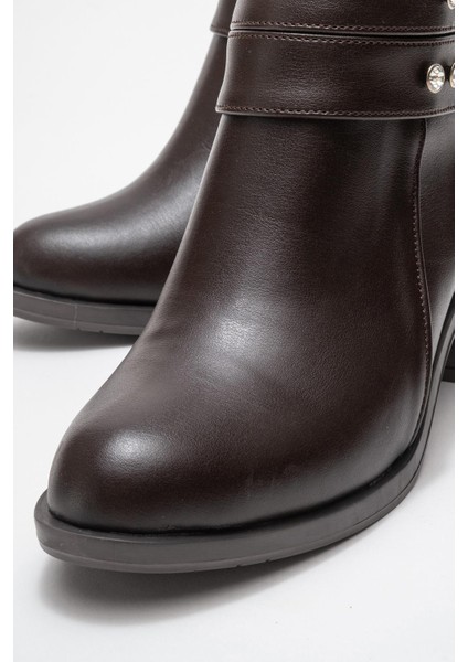 Kadın Çift Kemerli Taşlı Topuklu Bot Kahve Cilt modelleri