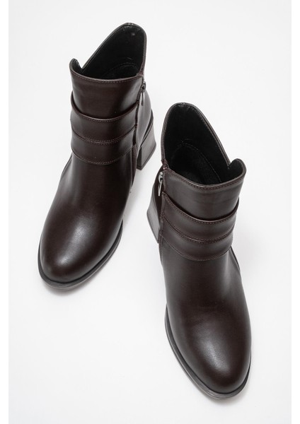 Kadın Çift Kemerli Taşlı Topuklu Bot Kahve Cilt indirimleri