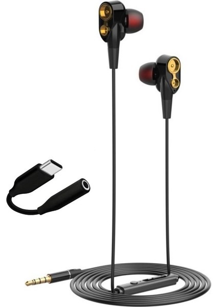 Hot Beats 3D Hifi 4 Hoparlörlü 3.5mm Jack Girişli Type-C Dönüştürücülü Mikrofonlu Kulaklık Siyah J2UC10