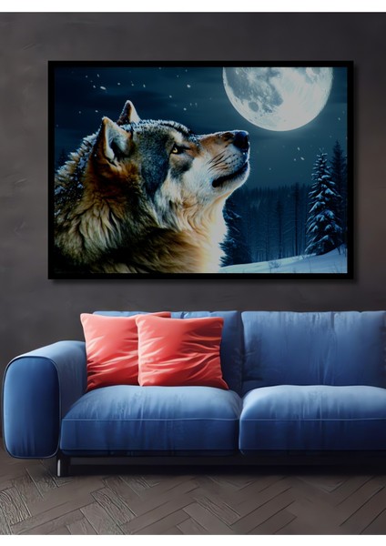 Çerçeve Görünümlü Dolunayda Uluyan Kurt Yağlı Boya Görünümlü Dekoratif Ahşap Işyeri/ofis Kare Tablo