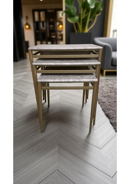 Damrin Serisi Gri Mermer Mebran Mdf 3’lü Zigon Sehpa Takımı - Bronz Ayak