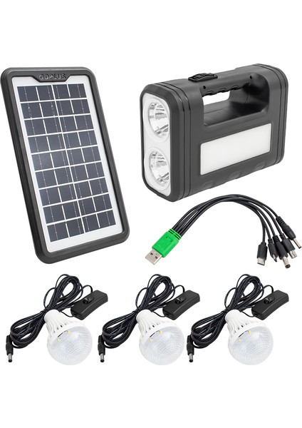 Powermaster Solar Güneş Enerji Panelli 3 Ampullü Kamp Lambası Aydınlatma Powerbank Özellikli Çoklu Şarj Kablolu
