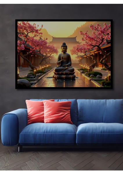Çerçeve Görünümlü Sakura Çiçekleri ve Buda Meditasyon Yağlı Boya Görünümlü Ahşap Ofis Kare Tablo