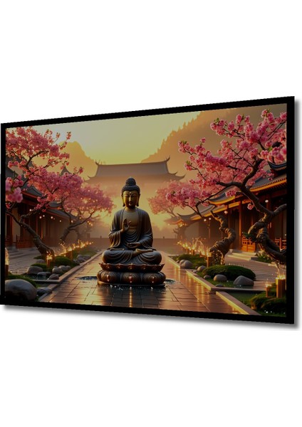 Çerçeve Görünümlü Sakura Çiçekleri ve Buda Meditasyon Yağlı Boya Görünümlü Ahşap Ofis Kare Tablo fiyatları